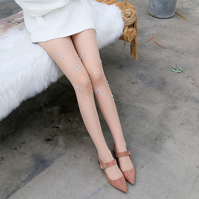 Transparent sexy pantyhose big rhinestone flowers tights