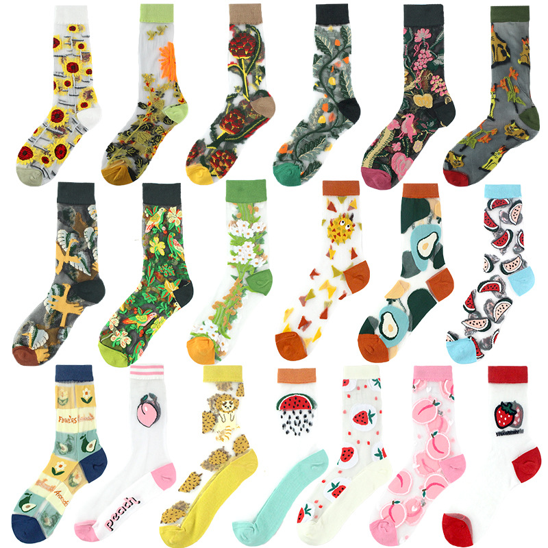 Summer fashion thin flower socks custom embroidered glass silk socks women