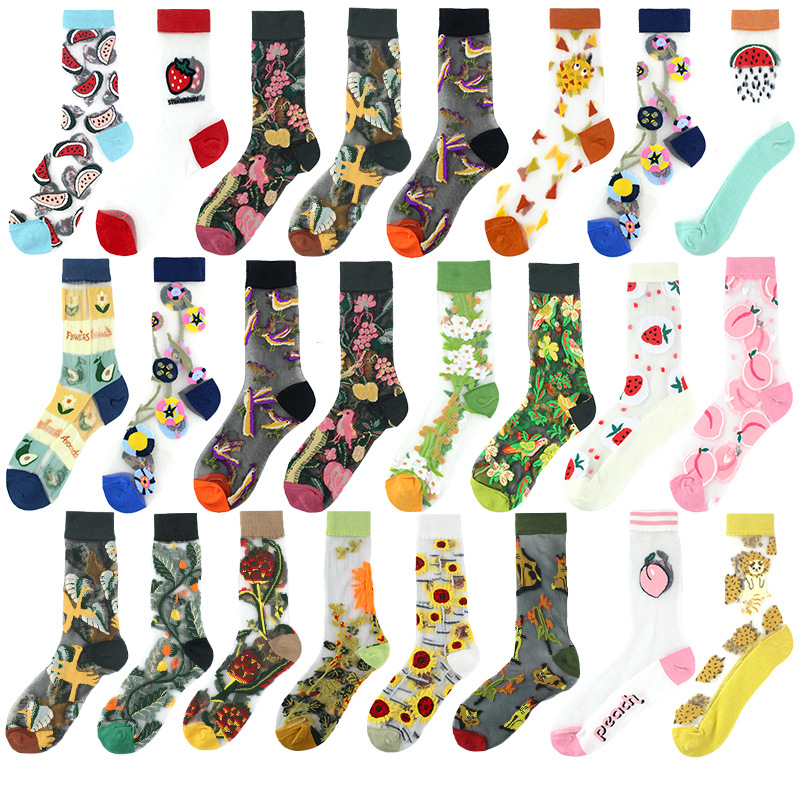 Summer fashion thin flower socks custom embroidered glass silk socks women