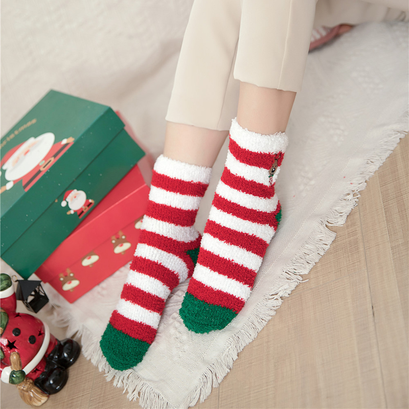 Ladies thickened embroidered coral wool Christmas floor socks 2021