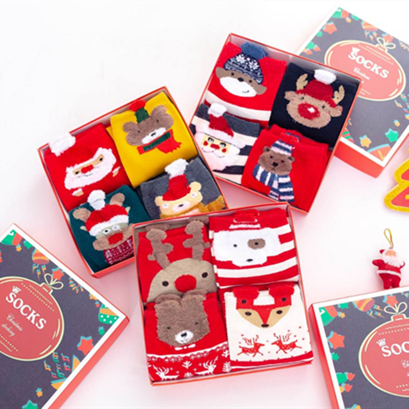 Autumn and winter christmas cartoon box tube cotton socks women foot