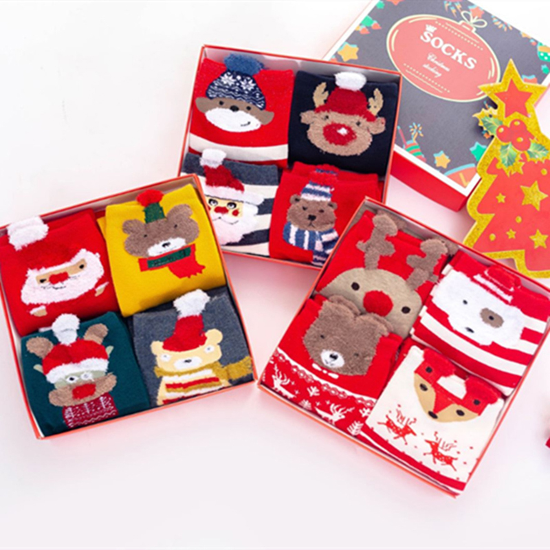 Autumn and winter christmas cartoon box tube cotton socks women foot