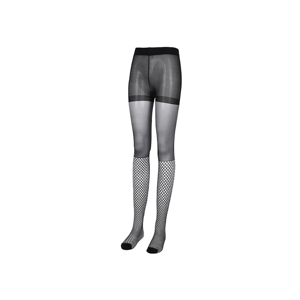 Pantyhose effect combines geometric net knee-highs tights