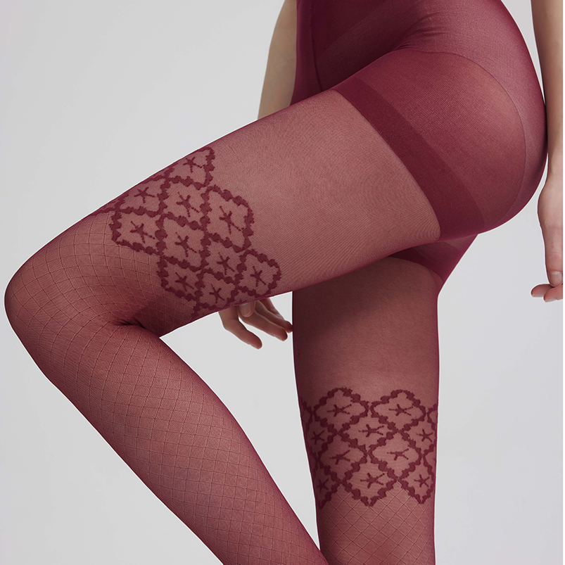 Tartan pattern lace band effect jacquard sheer tights