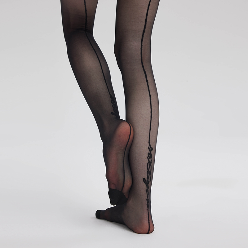 Backseamed logo down jacquard tights